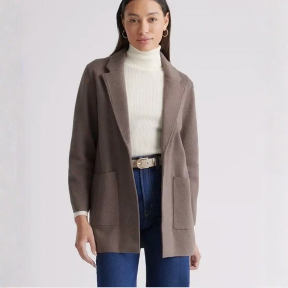 Quince Taupe-Brown Open-Front Knit Blazer